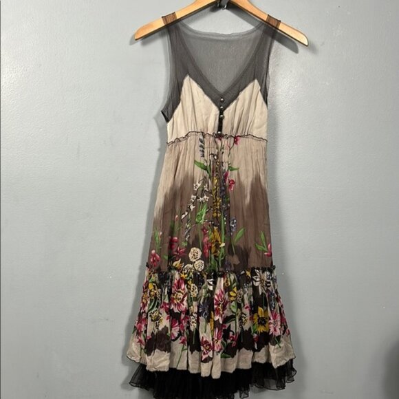BCBGMaxazria Silk Tulle Dress Womens S Small Brown Floral Chiffon Sheer Trim XS - Picture 1 of 15